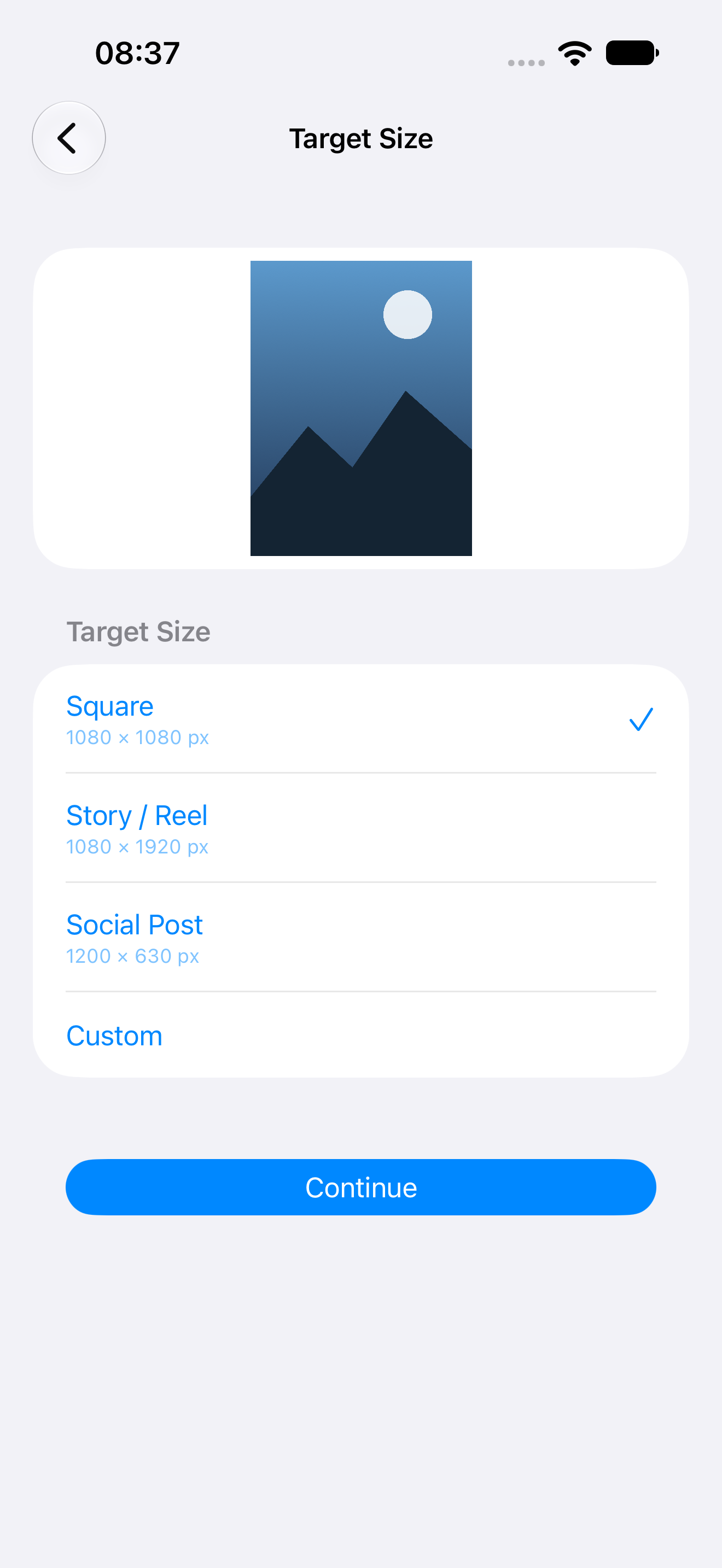 Set the target size in pixels