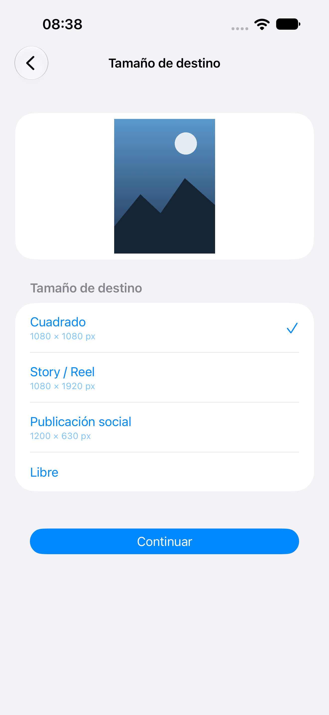 Definir el tamaño de destino en píxeles