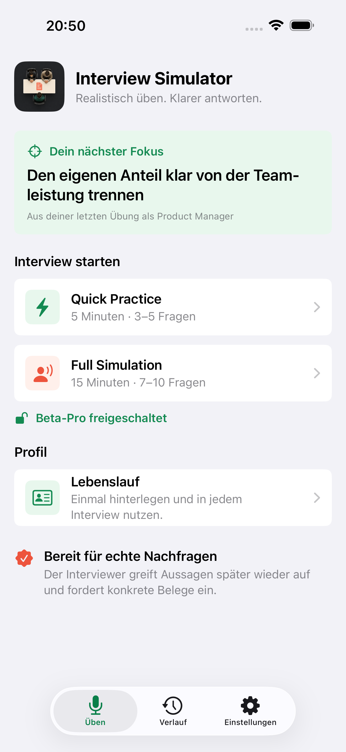 Startansicht von Interview Simulator Avatar