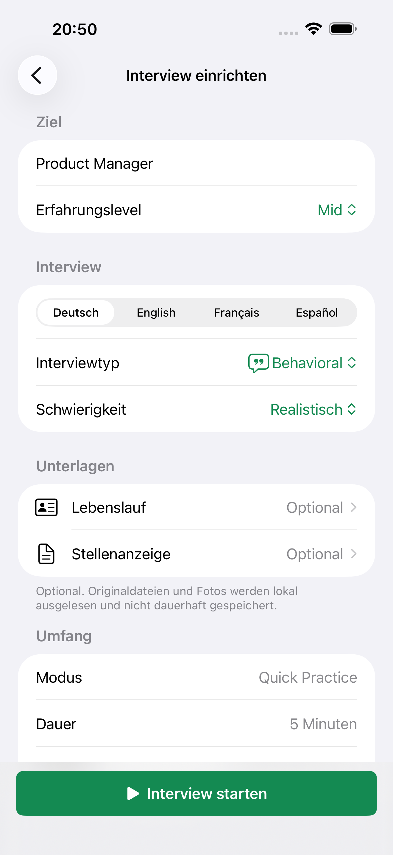 Interview einrichten