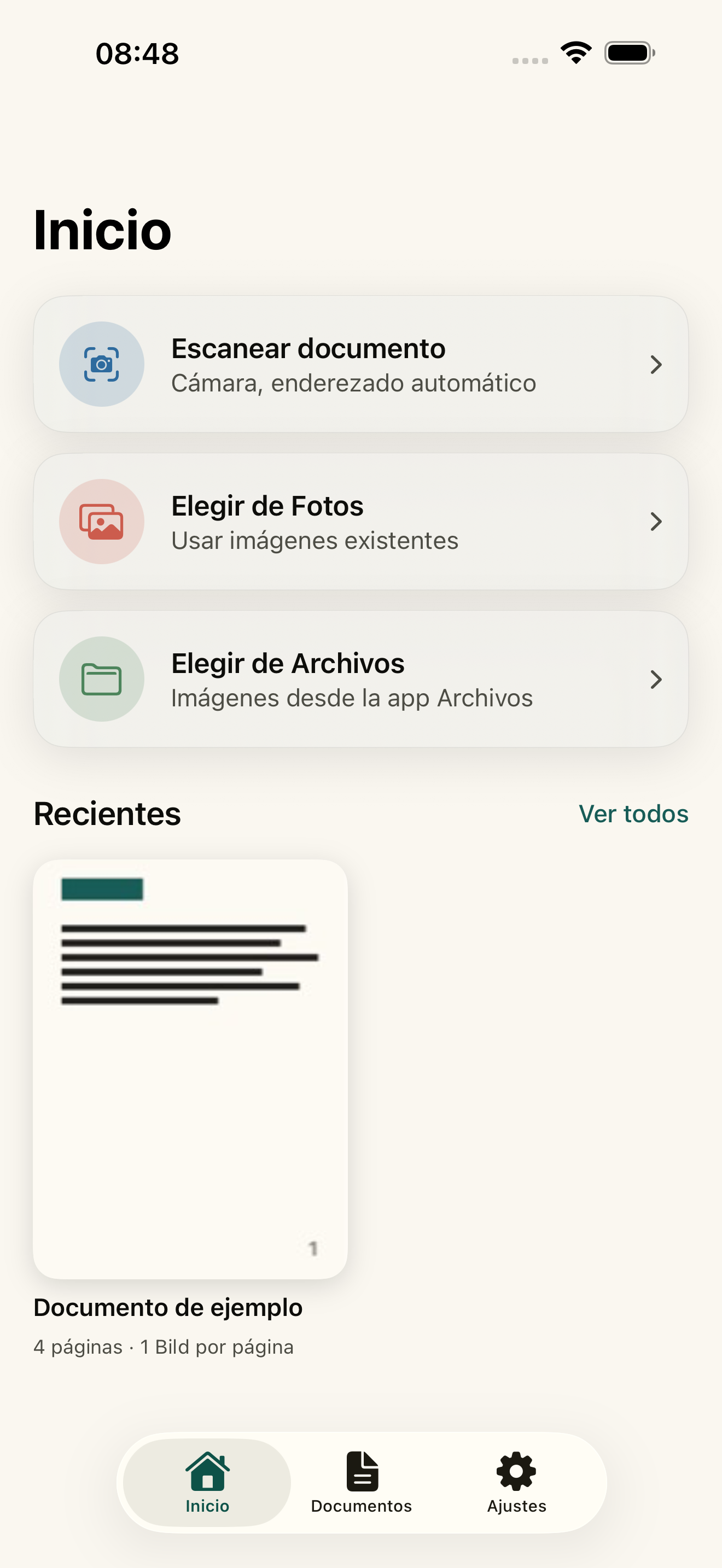 Pestaña de inicio de Scan & Stack con Escanear, Fotos y Archivos
