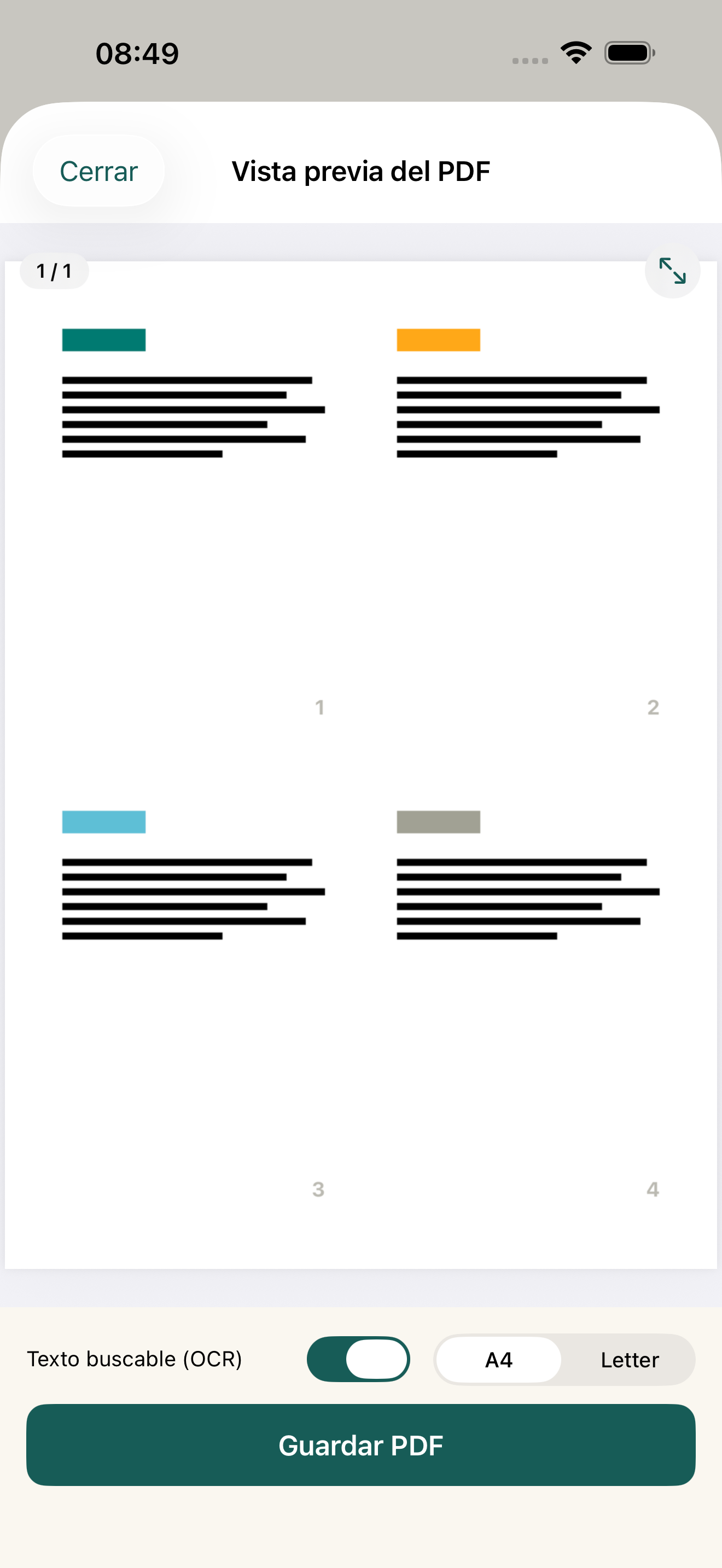 Vista previa del PDF antes de guardar