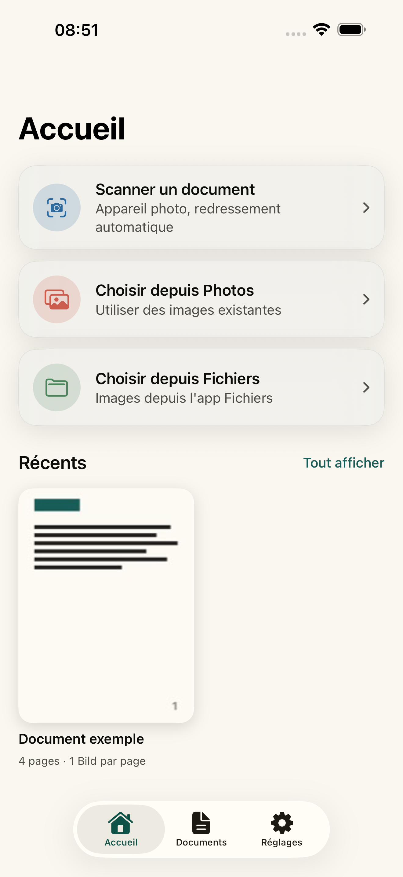 Onglet d'accueil de Scan & Stack avec Scanner, Photos et Fichiers