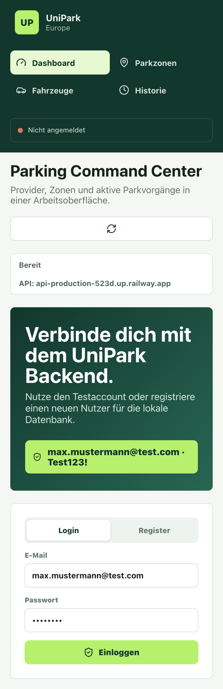 Mobile Ansicht der UniPark Europe Web-App