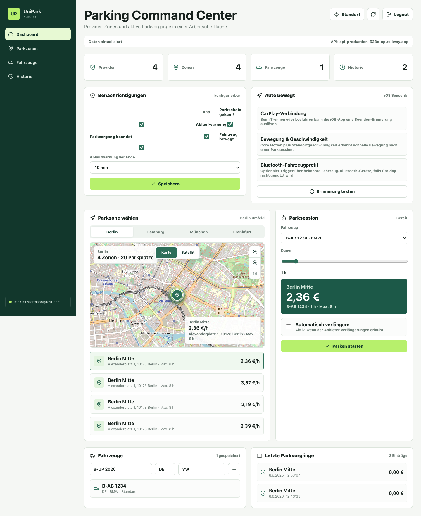 UniPark Europe Dashboard mit Metriken, Benachrichtigungen und Parkzonen