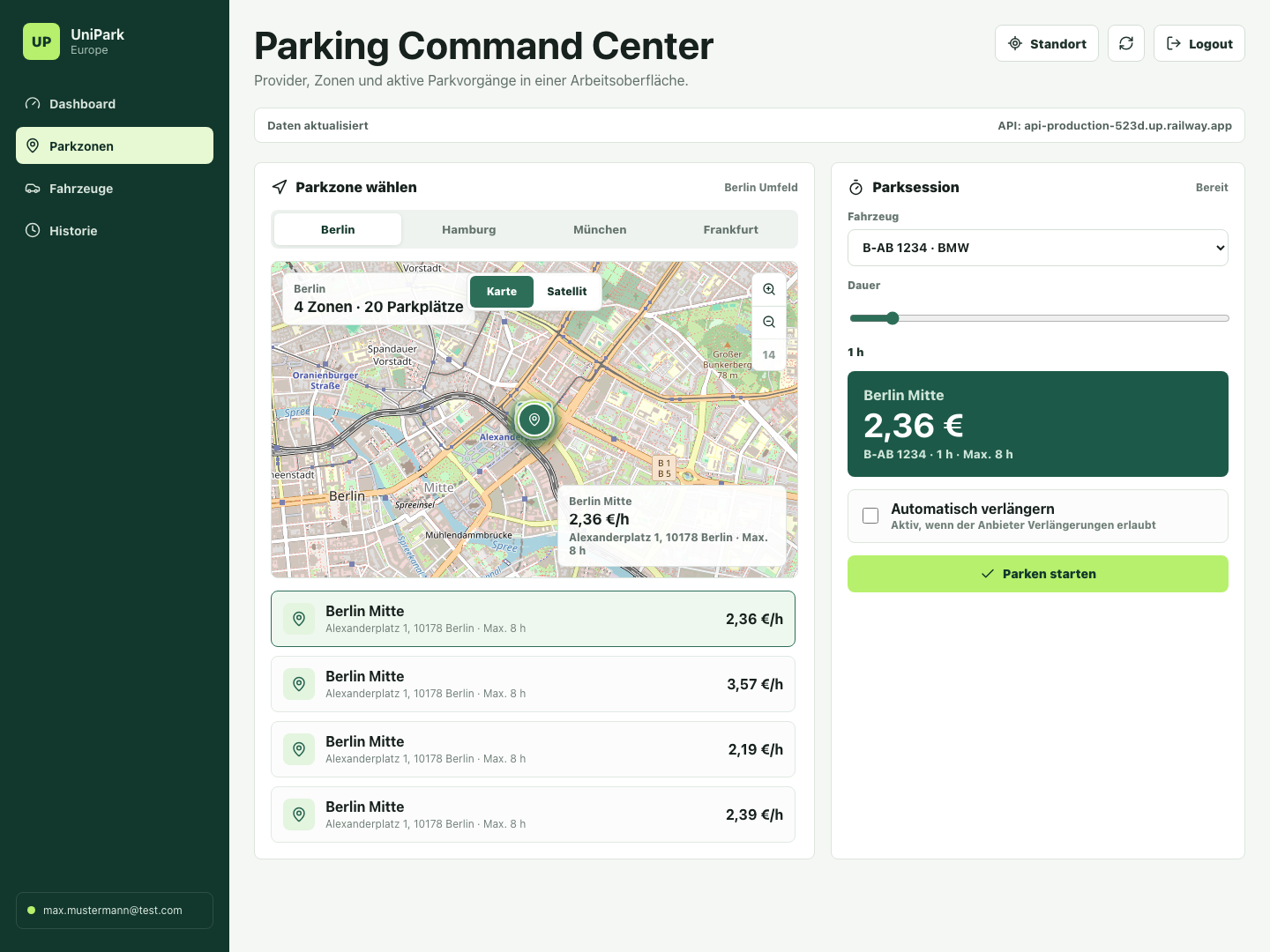 UniPark Europe Web-App mit Parkzonenkarte und Parksession