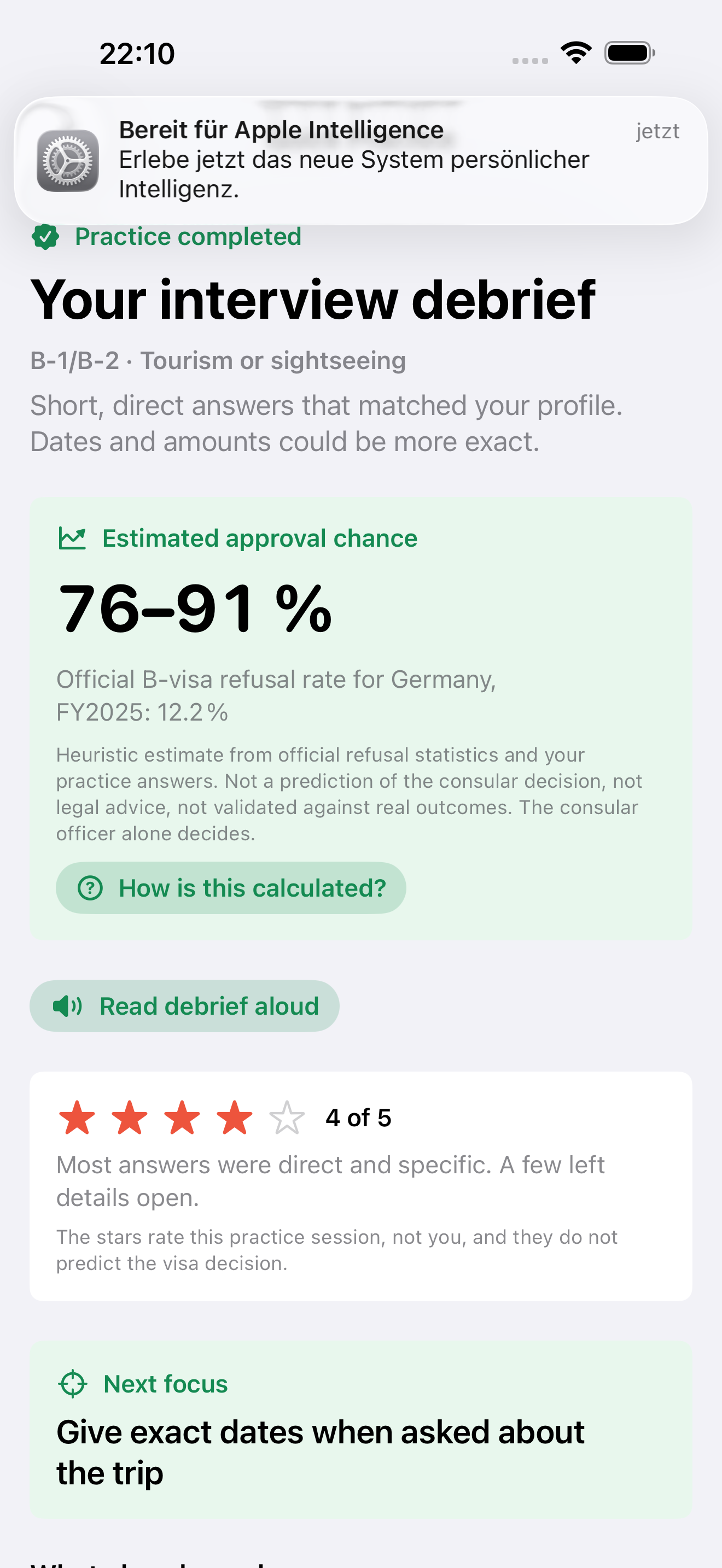 Interview debrief with estimated approval chance